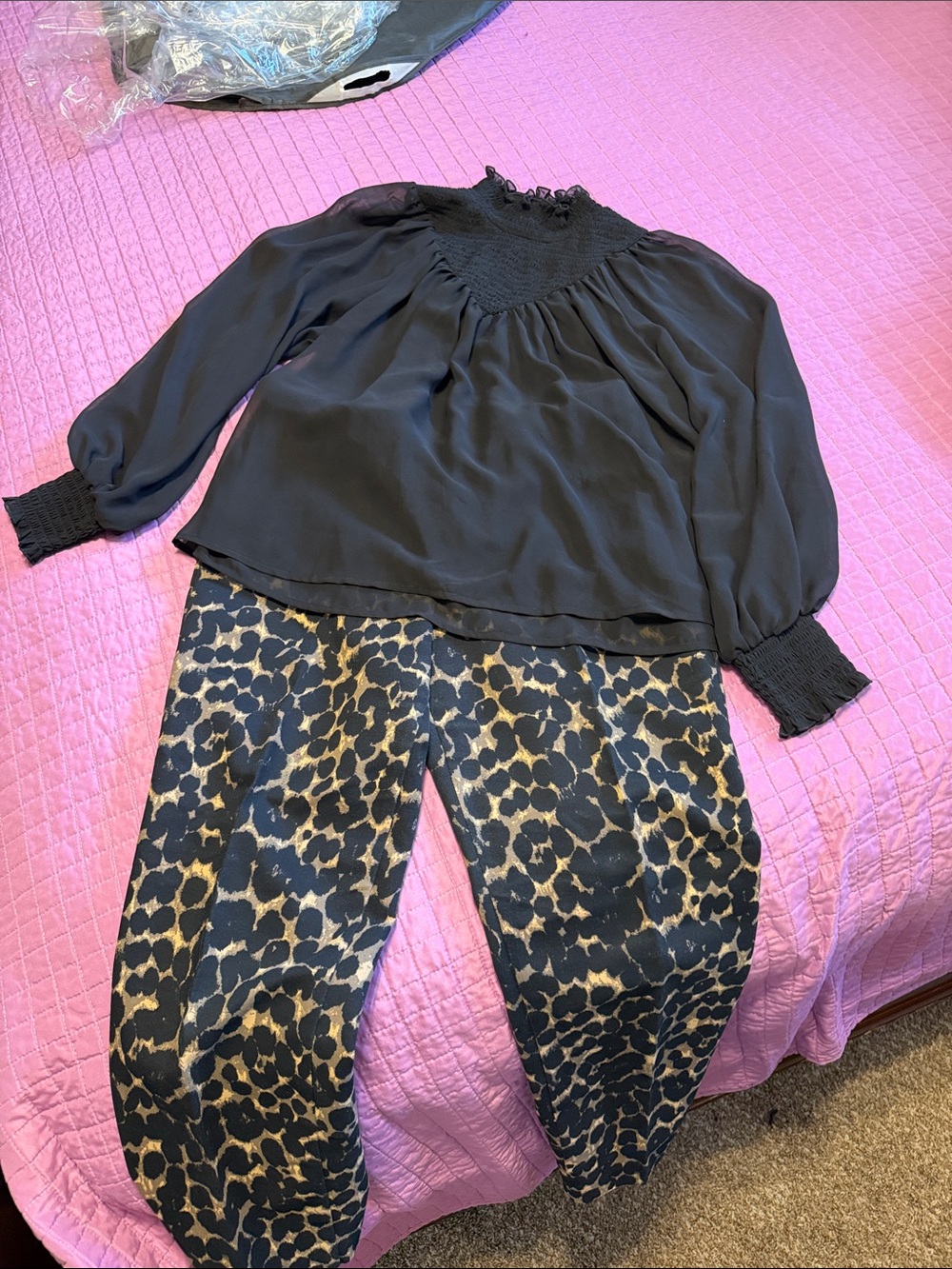 Express Black Blouse with Leopard-Print Wide Leg Pants